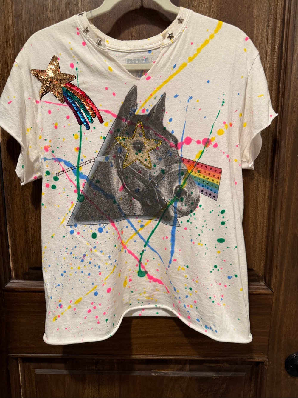 White Gina tee Horse Graphic Tee with Rainbow & Star sequin Accents
